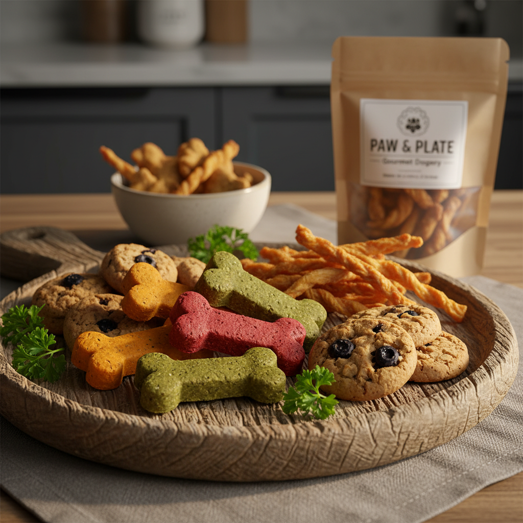 A high-resolution close-up shot of a variety of colorful handmade dog treats, including bone-shaped cookies and dried chicken jerky, artistically arranged on a rustic wooden platter with fresh parsley garnish.