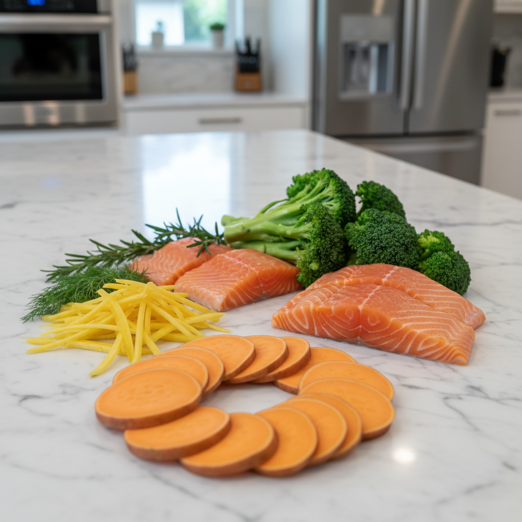 A professional photograph of fresh, human-grade ingredients for pet snacks such as sliced sweet potatoes, carrots, broccoli, and raw salmon fillets neatly organized on a white marble kitchen counter.