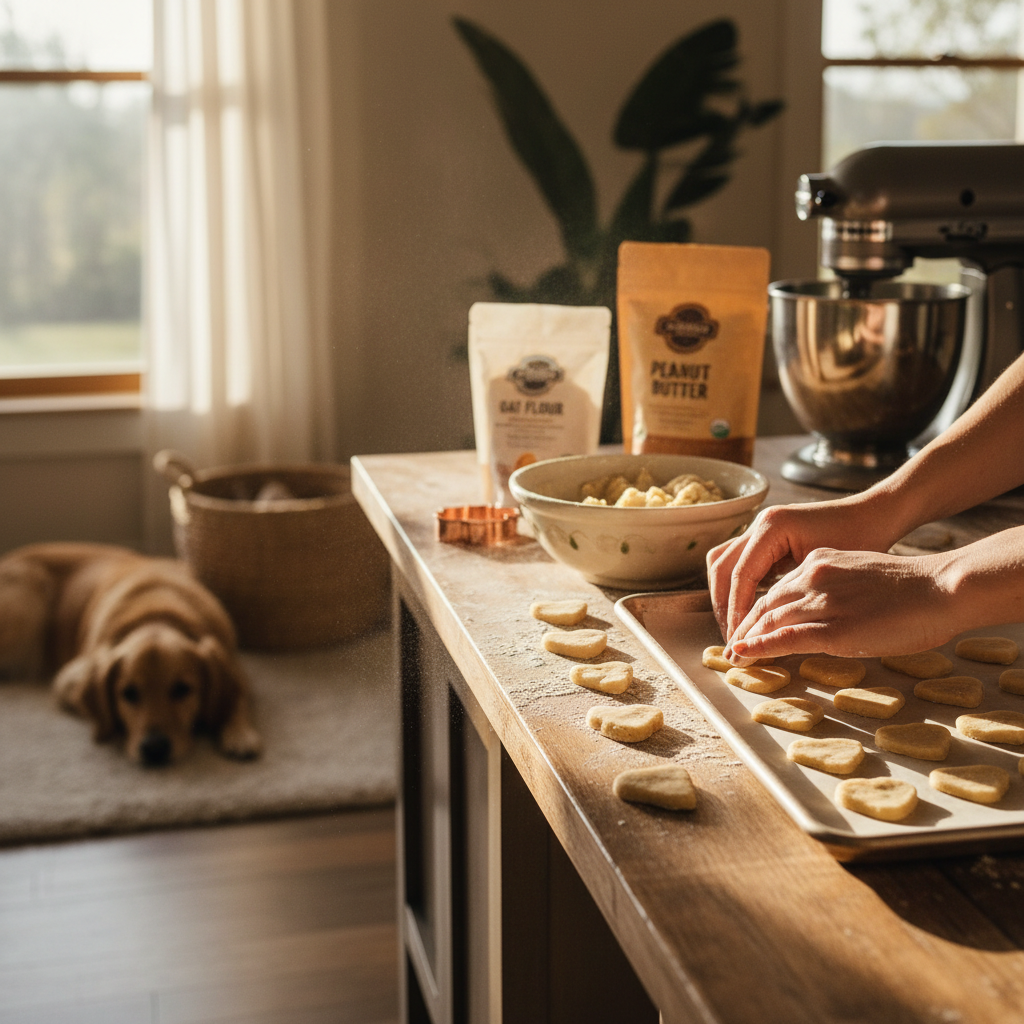 A cozy kitchen scene showing a person's hands carefully shaping dough into small heart-shaped dog treats on a flour-dusted wooden surface, with soft morning sunlight streaming through a window.
