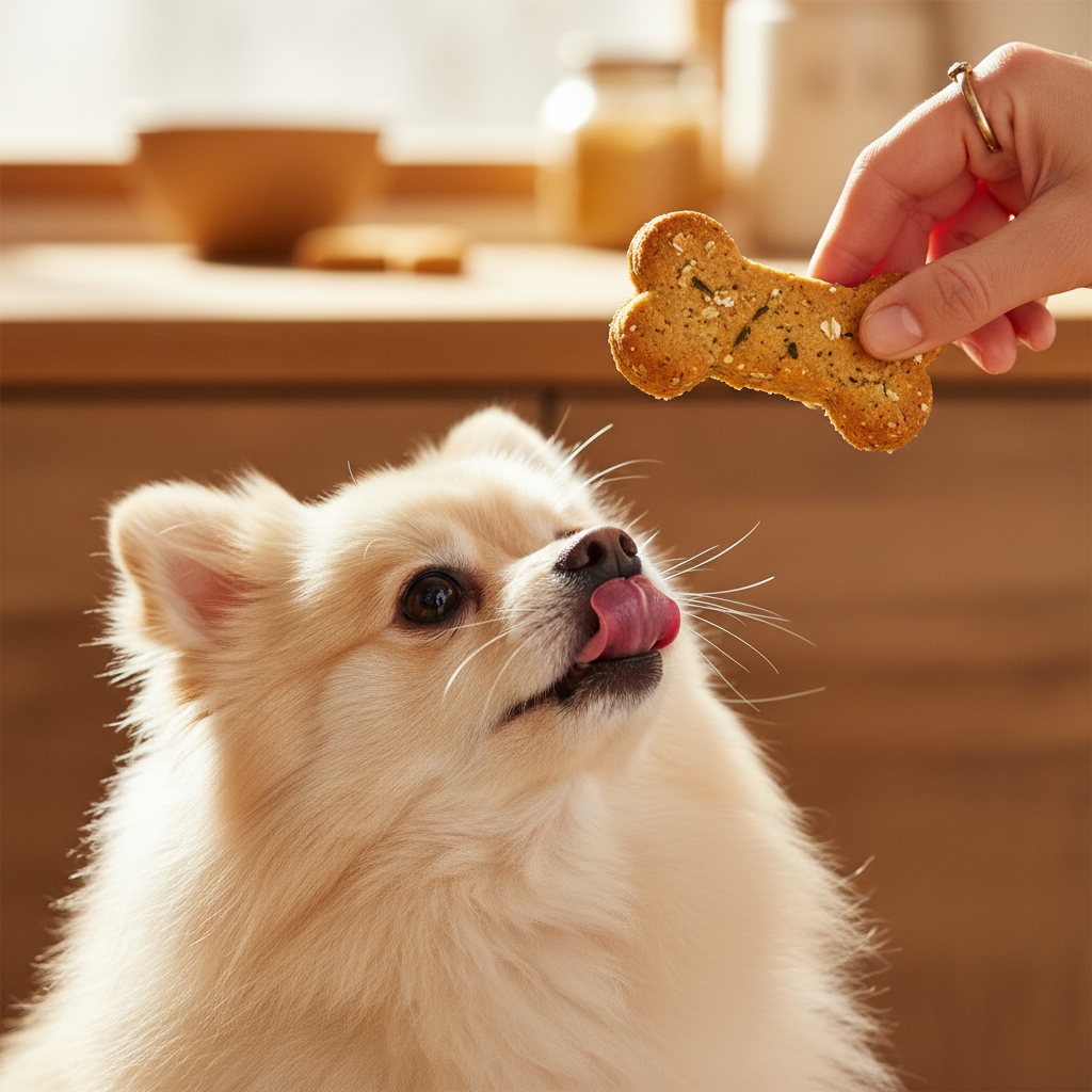 A cute small dog, such as a Pomeranian, looking up with bright eyes and its tongue slightly out, waiting for a delicious handmade biscuit held by a human hand in a blurred background.