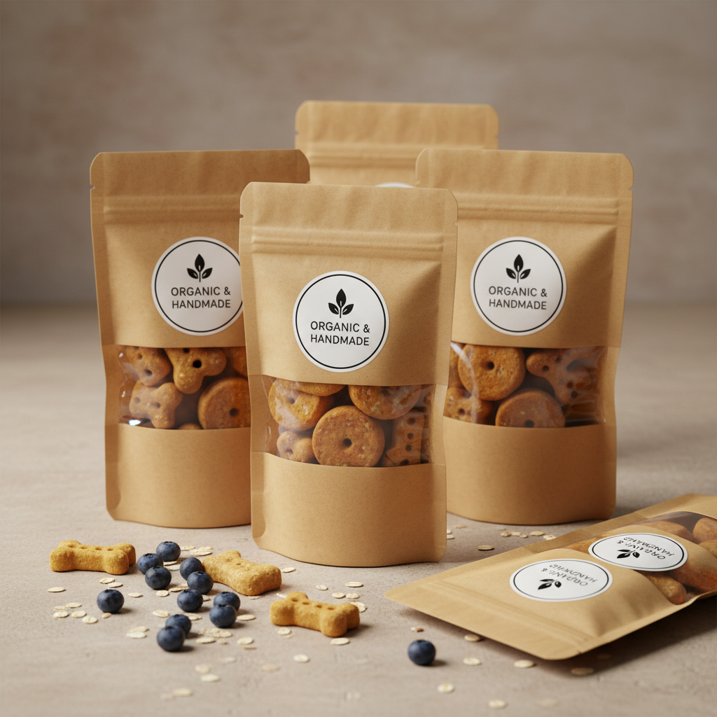 An aesthetic display of packaged handmade dog treats in eco-friendly kraft paper pouches with transparent windows and 'Organic & Handmade' minimalist labels, set against a neutral beige background.