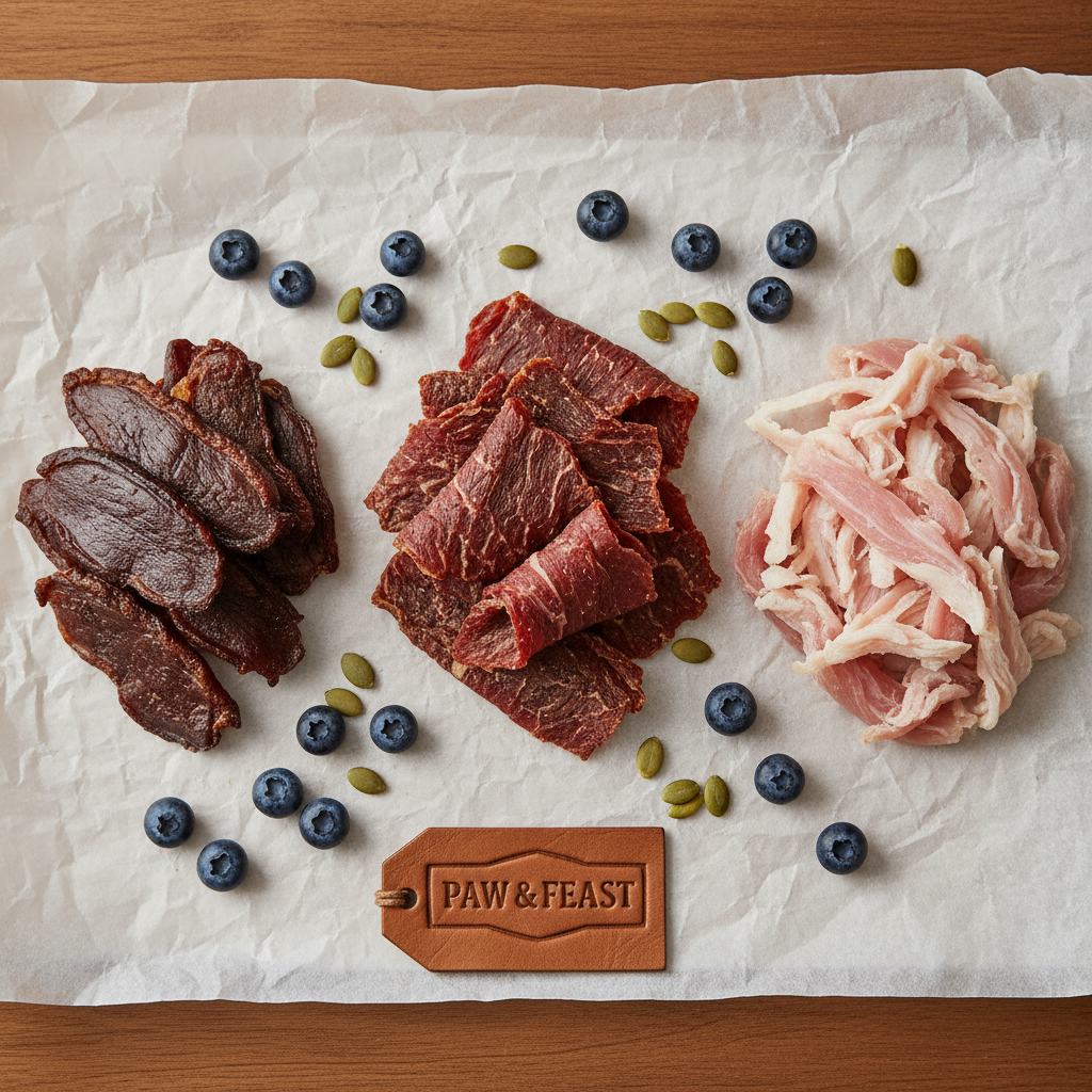 A top-down flat lay photography of various dried meat jerky varieties for dogs, including duck, beef, and turkey, placed on parchment paper with a few scattered blueberries and pumpkin seeds.
