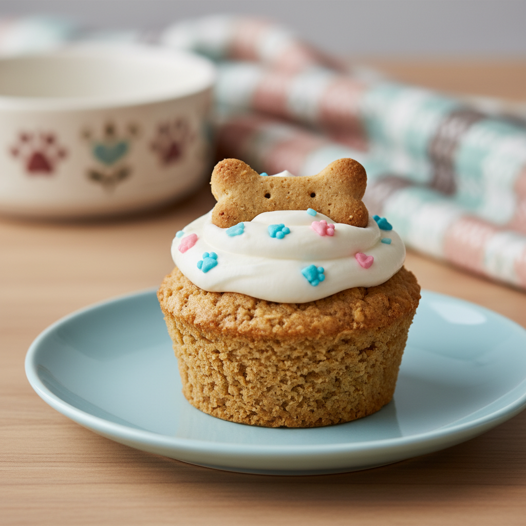 A close-up of a beautifully decorated 'pupcake' (dog cupcake) made from oat flour and peanut butter, topped with a yogurt-based frosting and a tiny bone-shaped biscuit, sitting on a pastel-colored plate.